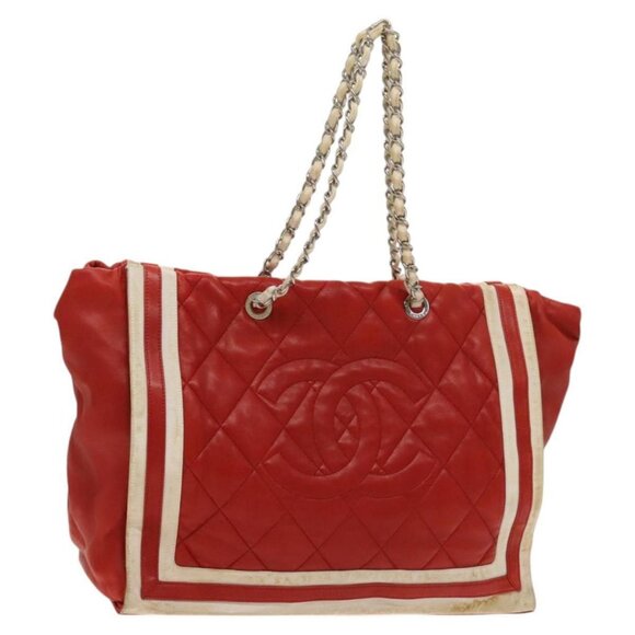 CHANEL Matelasse Chain Tote Bag Lamb Skin Red Silver CC Auth 120921 - Picture 1 of 16